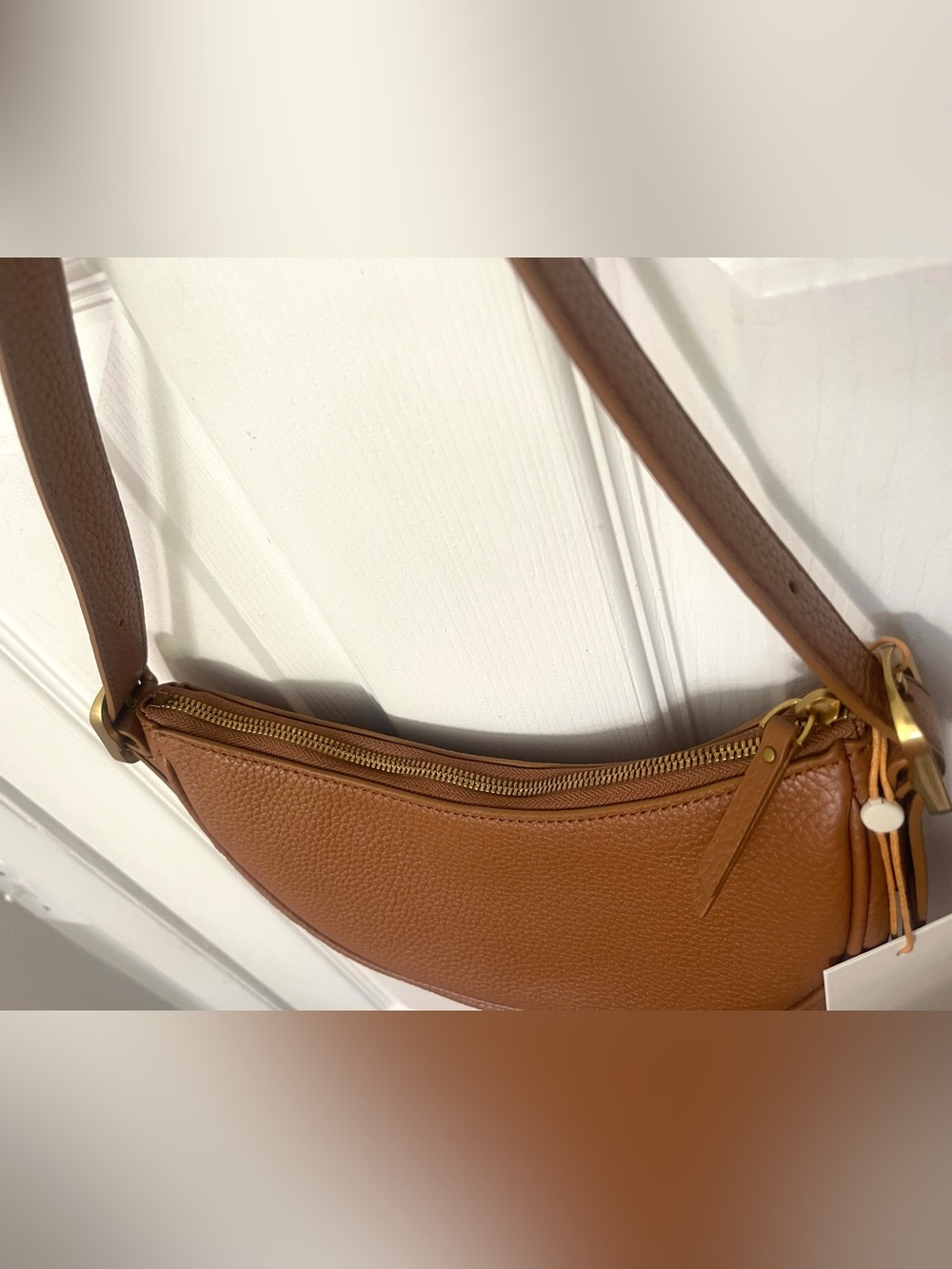 Quince Italian Leather Mini Crescent Shoulder Bag Brown Cognac Dustbag NWT - Picture 13 of 14